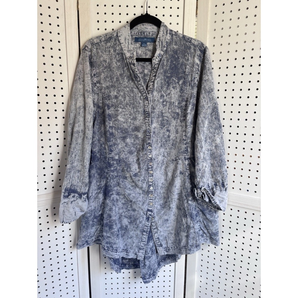 April Cornell Women's XL Blue Acid Wash Tunic Button Front Cotton Shirt V Neck